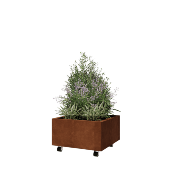 Květináč z cortenové oceli - Čtverec - 60 x 60 x 30 cm - Se základovou deskou - S kolečky