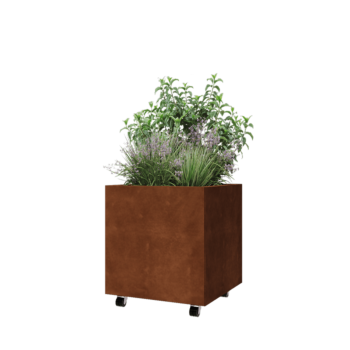 Květináč z cortenové oceli - Čtverec - 60 x 60 x 60 cm - Se základovou deskou - S kolečky