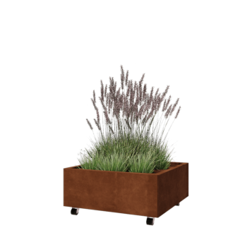 Květináč z cortenové oceli - Čtverec - 80 x 80 x 30 cm - Se základovou deskou - S kolečky
