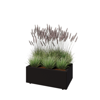 Ocelový květináč - Obdélník - 80 x 50 x 30 cm - RAL9005 matný (černý) - Se základovou deskou - S nohami