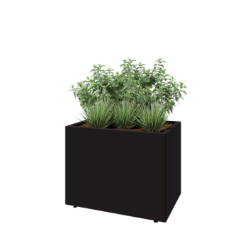 Ocelový květináč - Obdélník - 80 x 50 x 60 cm - RAL9005 matný (černý) - Se základovou deskou - S nohami