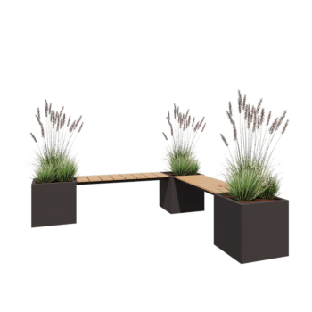 Ocelový květináč - Čtverec - Rohová sestava - 221,2 x 221,2 x 50 cm - RAL7016 matný (antracitově šedá) - Se základovou deskou - S lavičkou