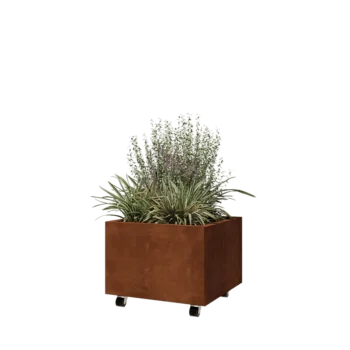 Květináč z cortenové oceli - Čtverec - 60 x 60 x 40 cm - Se základovou deskou - S kolečky