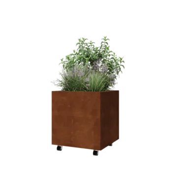 Květináč z cortenové oceli - Čtverec - 60 x 60 x 60 cm - Se základovou deskou - S kolečky