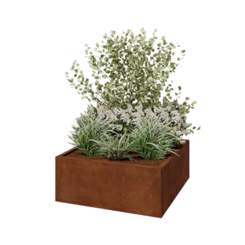 Květináč z cortenové oceli - Čtverec - 100 x 100 x 40 cm - Se základovou deskou
