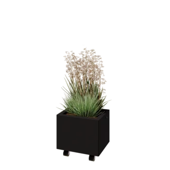 Ocelový květináč - Obdélník - 40 x 30 x 30 cm - RAL9005 matný (černý) - Se základovou deskou - S kolečky