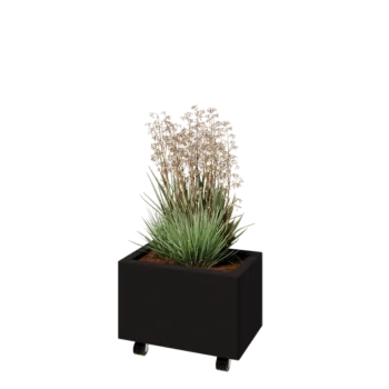 Ocelový květináč - Obdélník - 50 x 30 x 30 cm - RAL9005 matný (černý) - Se základovou deskou - S kolečky