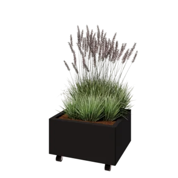 Ocelový květináč - Obdélník - 60 x 50 x 30 cm - RAL9005 matný (černý) - Se základovou deskou - S kolečky